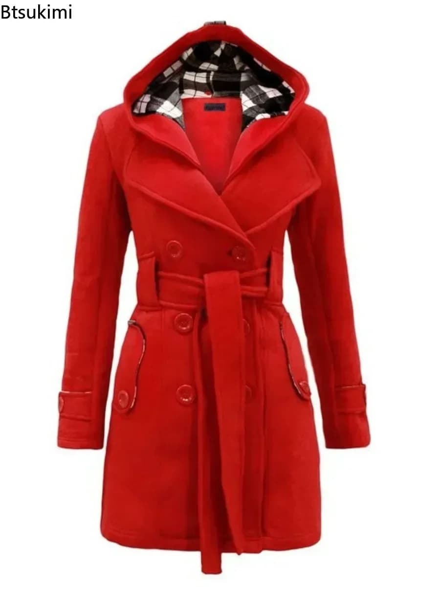 2026 Autumn Women's Hooded Overcoat Trend Double-Breasted Design Belt Side Pockets Plaid Splice Woolen Coats Winter Jacket Femme