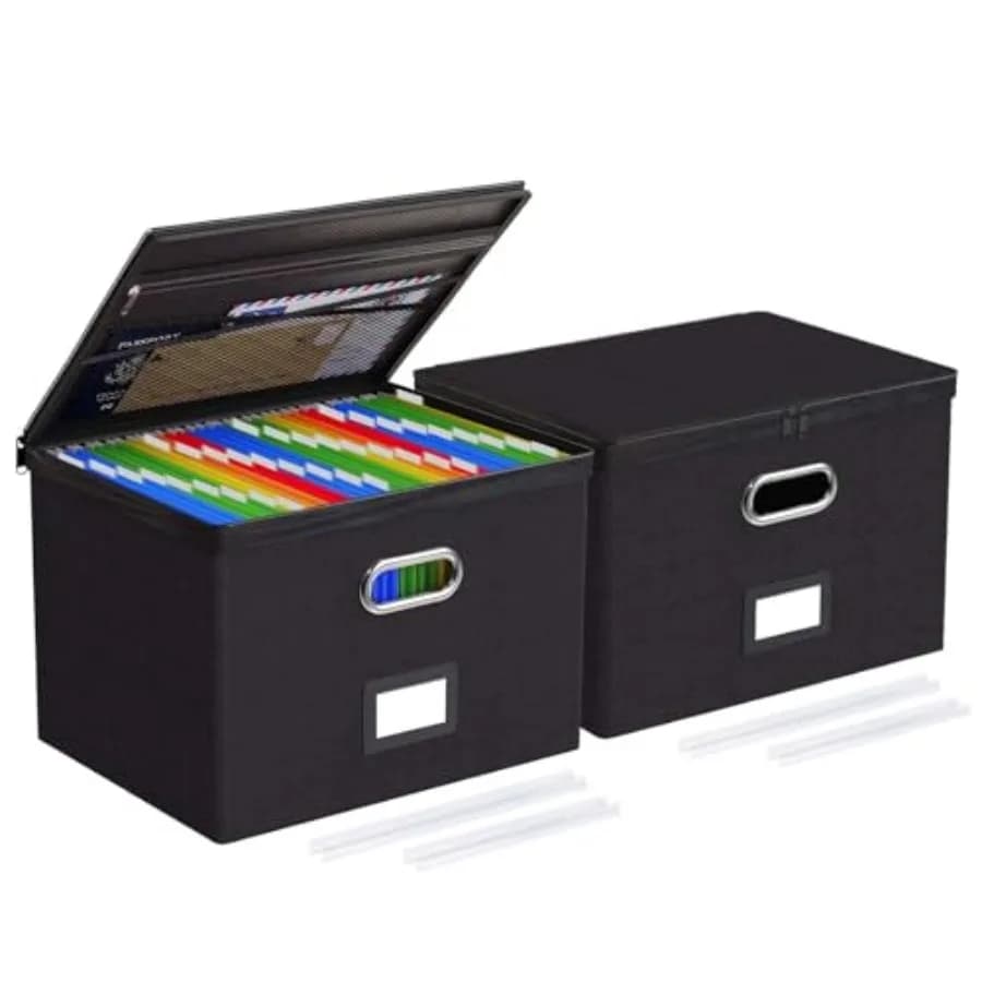 2 Pack Large File Organizer Boxes with Lids, File Box with Mesh Pockets, Document Organizer Box for Letter/Legal Size Folders,
