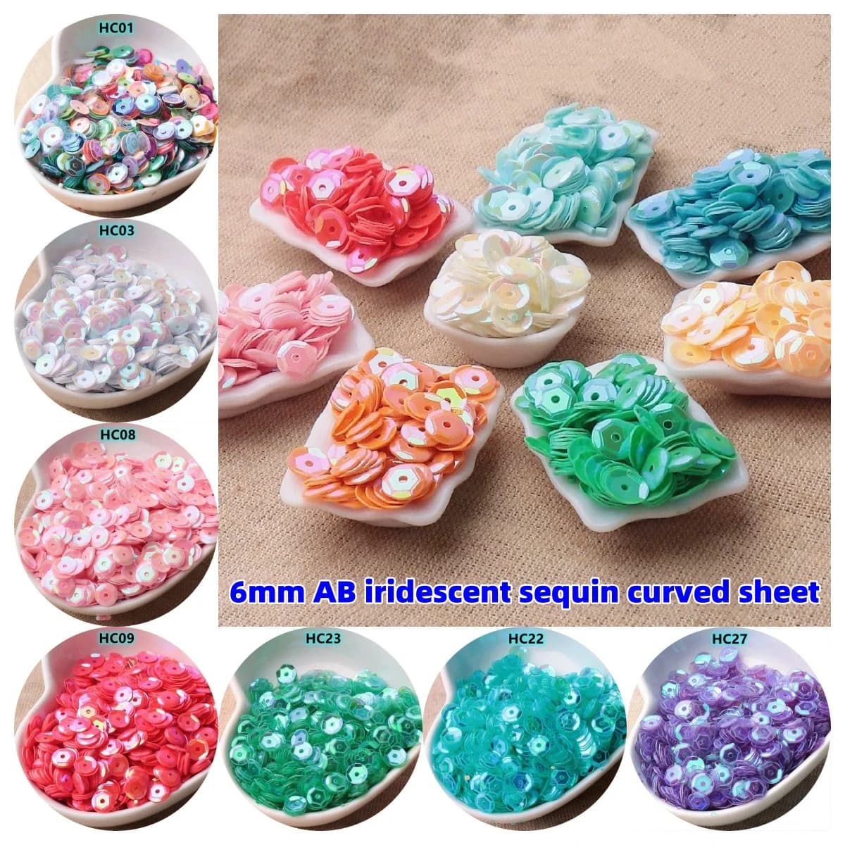 1000 paillettes iridescenti AB da 6 mm, pezzi curvi, pezzi circolari concavi, pezzi di perline, accessori di abbigliamento cuciti a mano fai-da-te