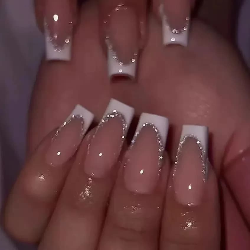Unghie Finte Press-on Bianche French Tip a Coffin con Glitter, Unghie Finte Acriliche Full Cover Pronte all'Uso