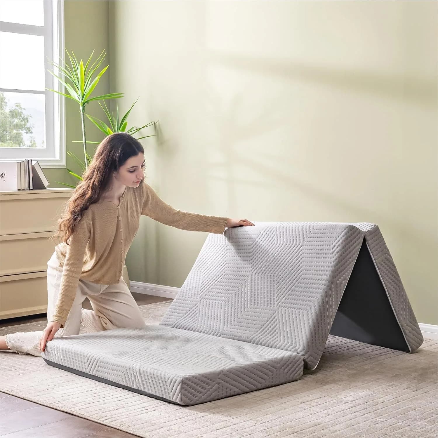 Tri Folding Mattress 4 Inch Single with Memory Foam for Camping Guest Bed, Washable Cover & Non-Slip Bottom, 75x25x4 Grey