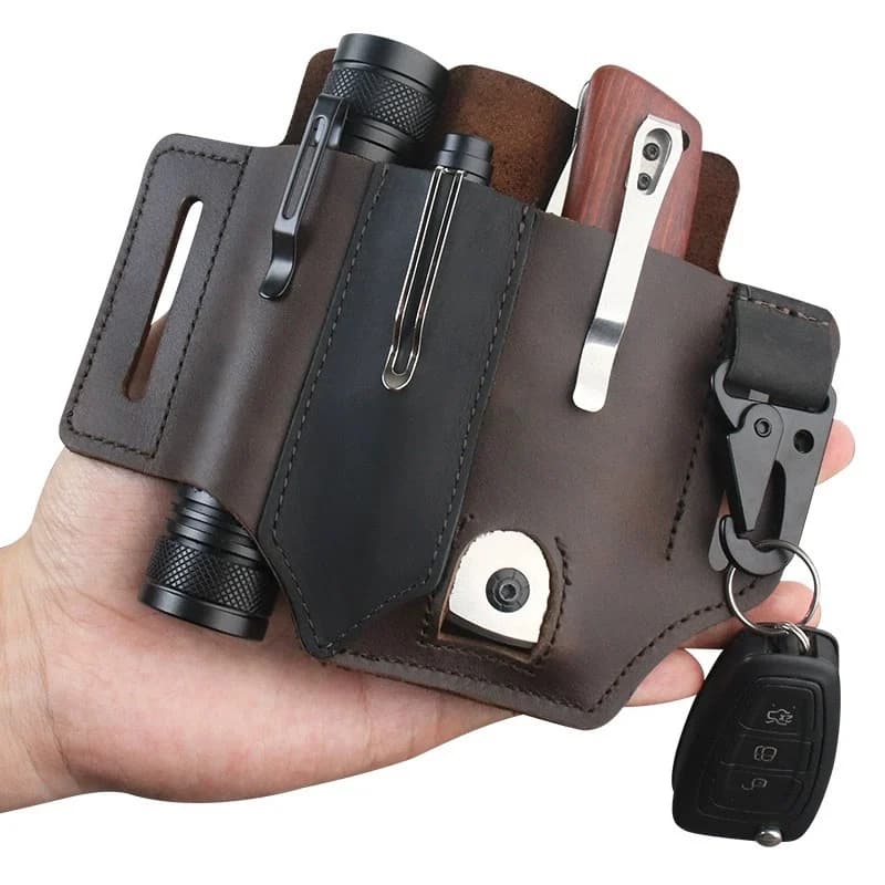 Appendiabiti in pelle di vacchetta Porta attrezzi tattico portatile Edc Torcia da campeggio esterna Coltello pieghevole Organizzatore di chiavi