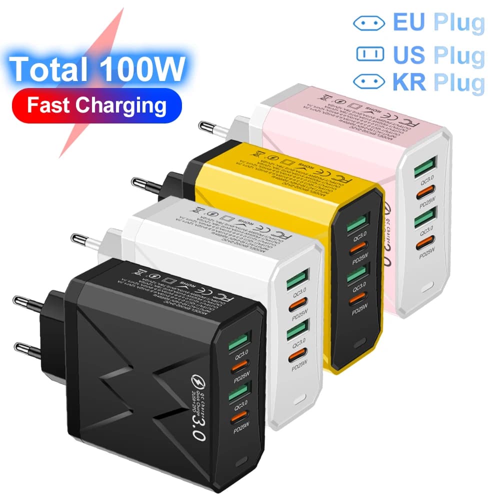 Caricatore Rapido USB PD da 100W, Adattatore da Muro Type-C per iPhone Xiaomi Huawei Redmi, Spina EU/US/KR, Caricabatterie da Muro Veloce