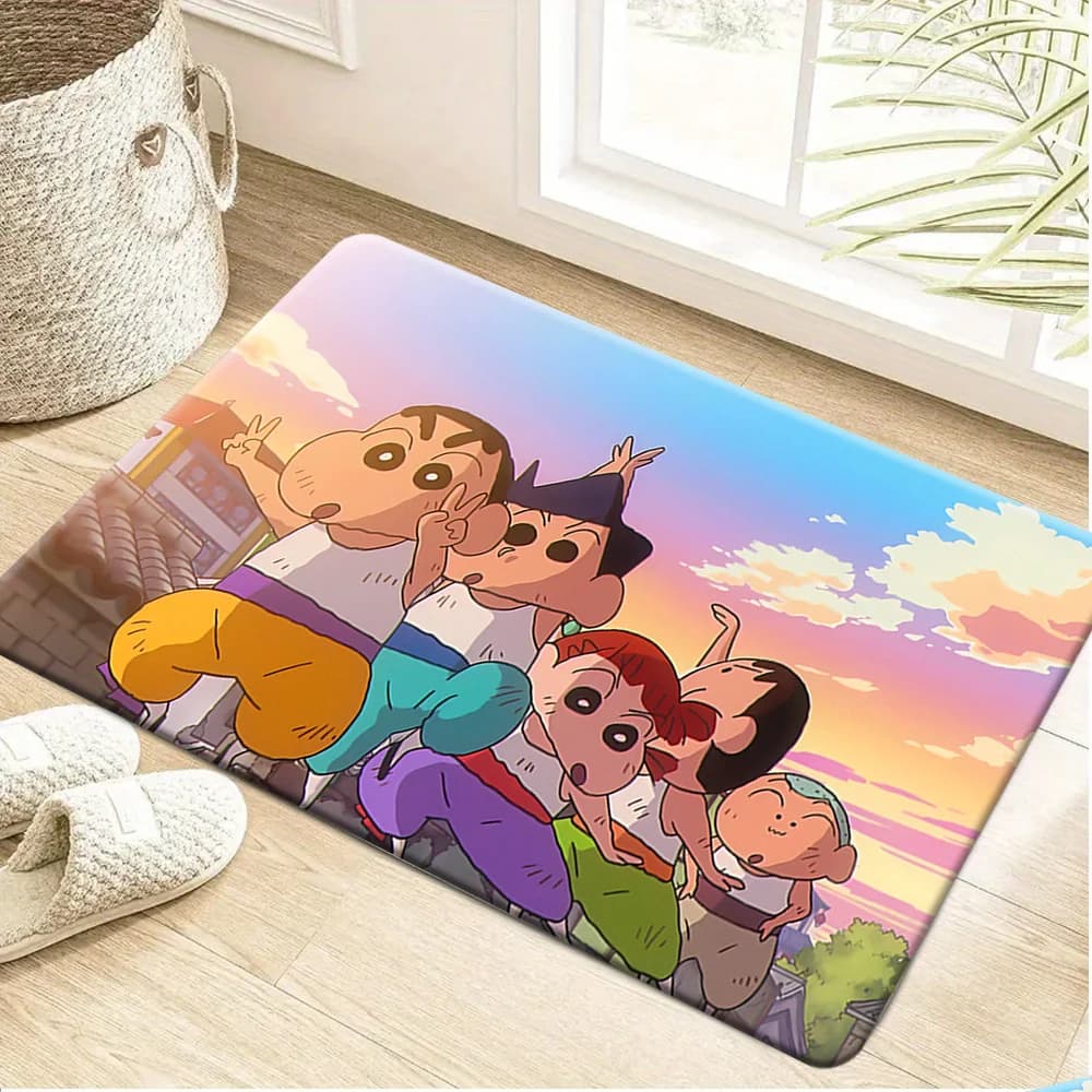 Tappetino da bagno antiscivolo con stampa della scena del tramonto del gruppo di difesa Kasukabe di Crayon Shin-chan, simpatico tappeto decorativo per il pavimento con personaggi anime, resistente all'acqua.