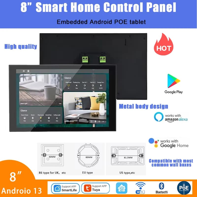Nuovo tablet da parete da 8 pollici con Android 13, POE, corpo in metallo, pannello di controllo Smart Home, supporto per Home Assistant