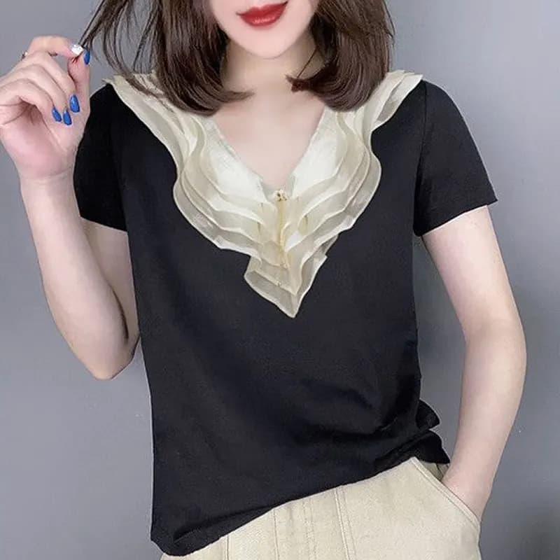 Moda multistrato volant Patchwork t-shirt abbigliamento donna elegante scollo a v estate manica corta tinta unita pullover All-match