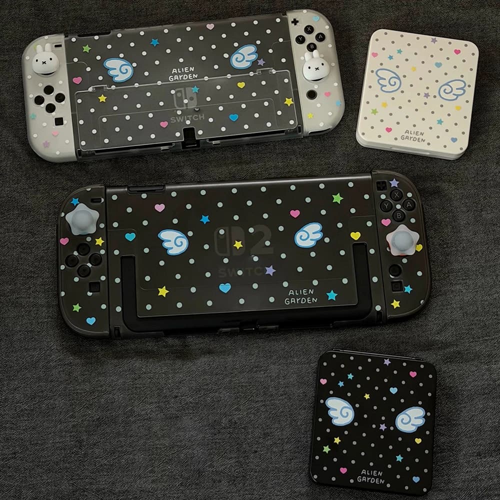 Custodia Protettiva Trasparente Nera con Pois Colorati per Nintendo Switch 2/OLED, Cover Rigida per Console e Accessori Joy-Con