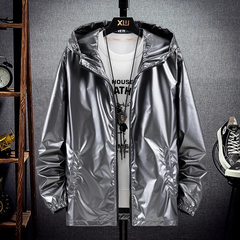 Spring and Autumn Shiny jacket, Large-Sized Trendy Brand, Cool Silver Men's Coat Waterproof Casual Hooded Sporty Korean-Style