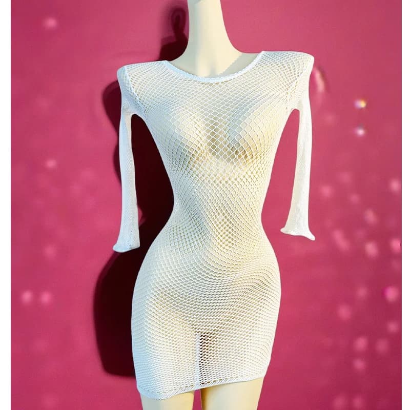 1PC Women Fishnet Cover Up Without Bikini Sexy Lingerie See Through Hollow Out Bodycon Dress Long Sleeve Beachwear Qq609