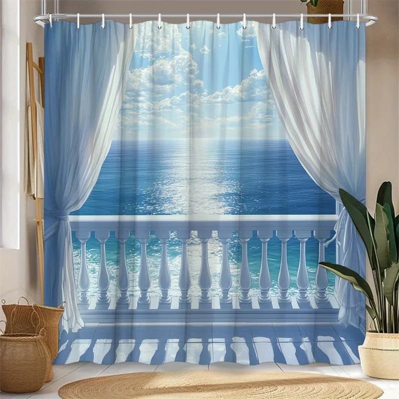 Tropical Ocean View Shower Curtain Polyester Bathroom Waterproof Beach Resort Decor Luxury Bath Curtain Blue (118 characters)\u