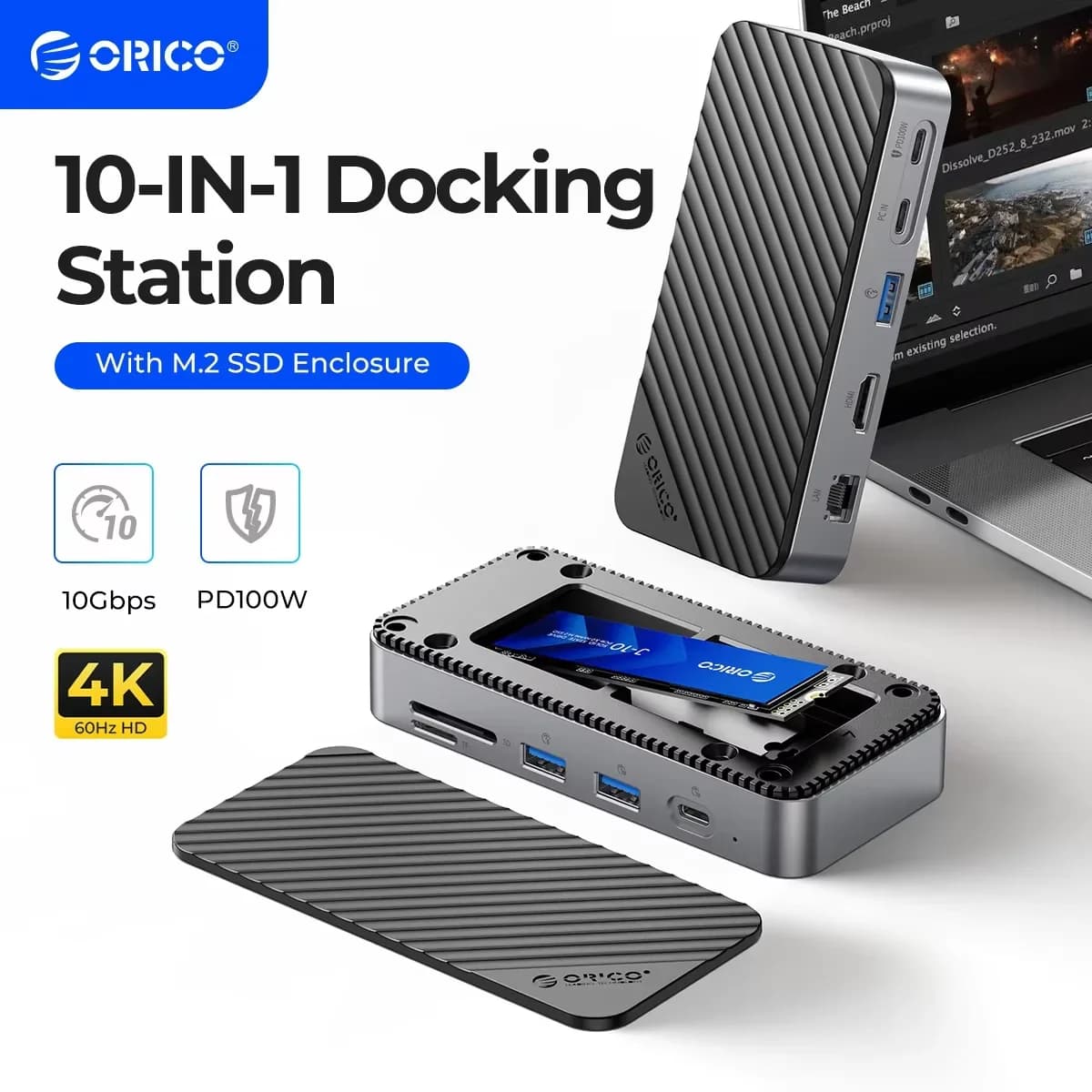 ORICO 10Gbps Type-C HUB M.2 NVMe SATA SSD Custodia con ventola di raffreddamento Docking station esterna 4K 60Hz HDMI-Com RJ45 SD/TF per PC