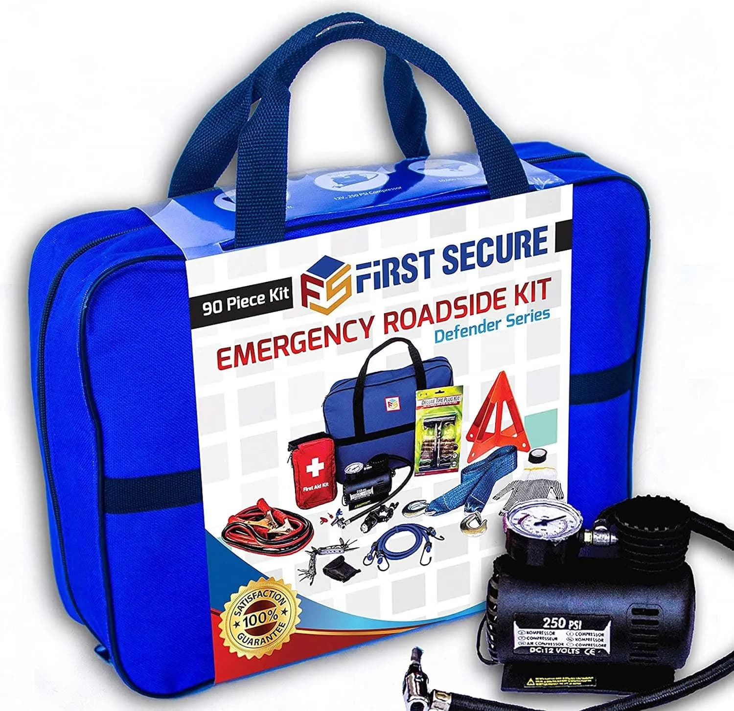 Kit completo di emergenza per auto con compressore d'aria, cavi jumper, pronto soccorso, cinghia di traino per la sicurezza stradale