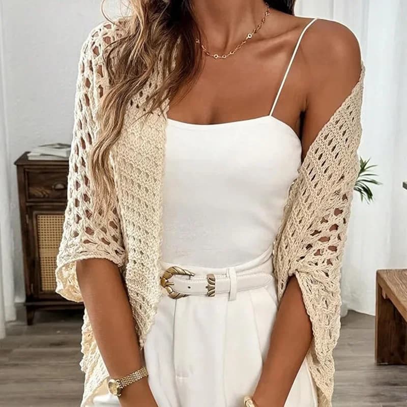 Women's Knitted Sweater Shawl Jacket Hollowed Out Sweater Loose Solid Color Half Sleeved Short Top