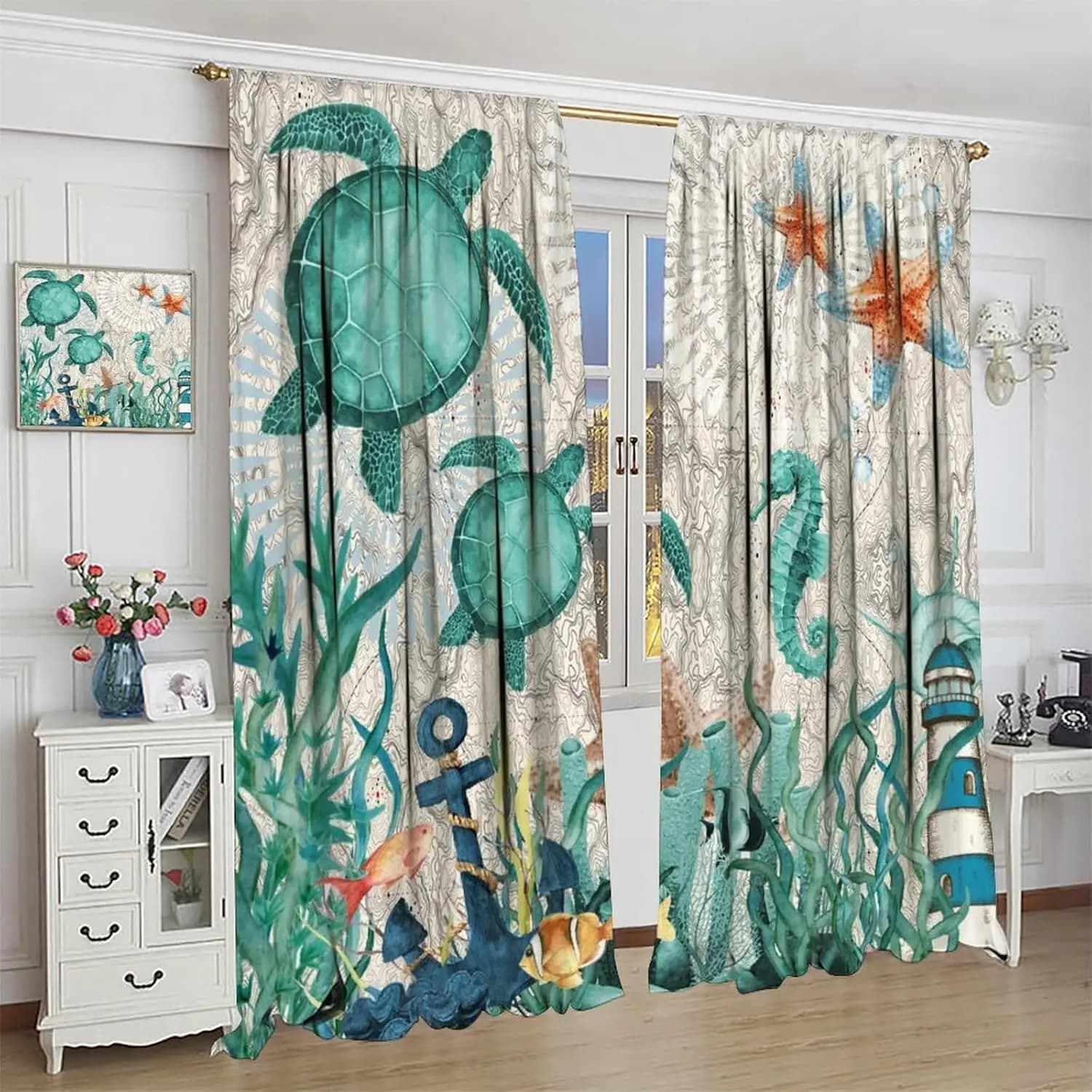 Tende Oceaniche con Tartarughe per Cucina, Decorazioni Subacquee con Coralli, Stelle Marine, Conchiglie, Ancore, Cavallucci Marini e Animali Marini