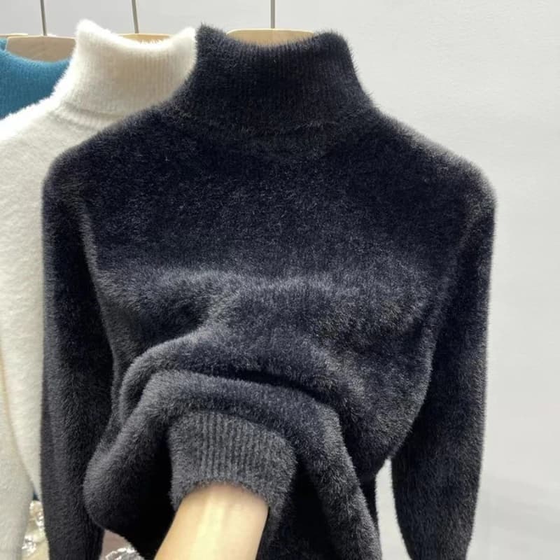 Maglione a collo alto da donna Top in visone finto per donna Camicie con fondo caldo ispessito in peluche solido Maglieria basic Pullover termici