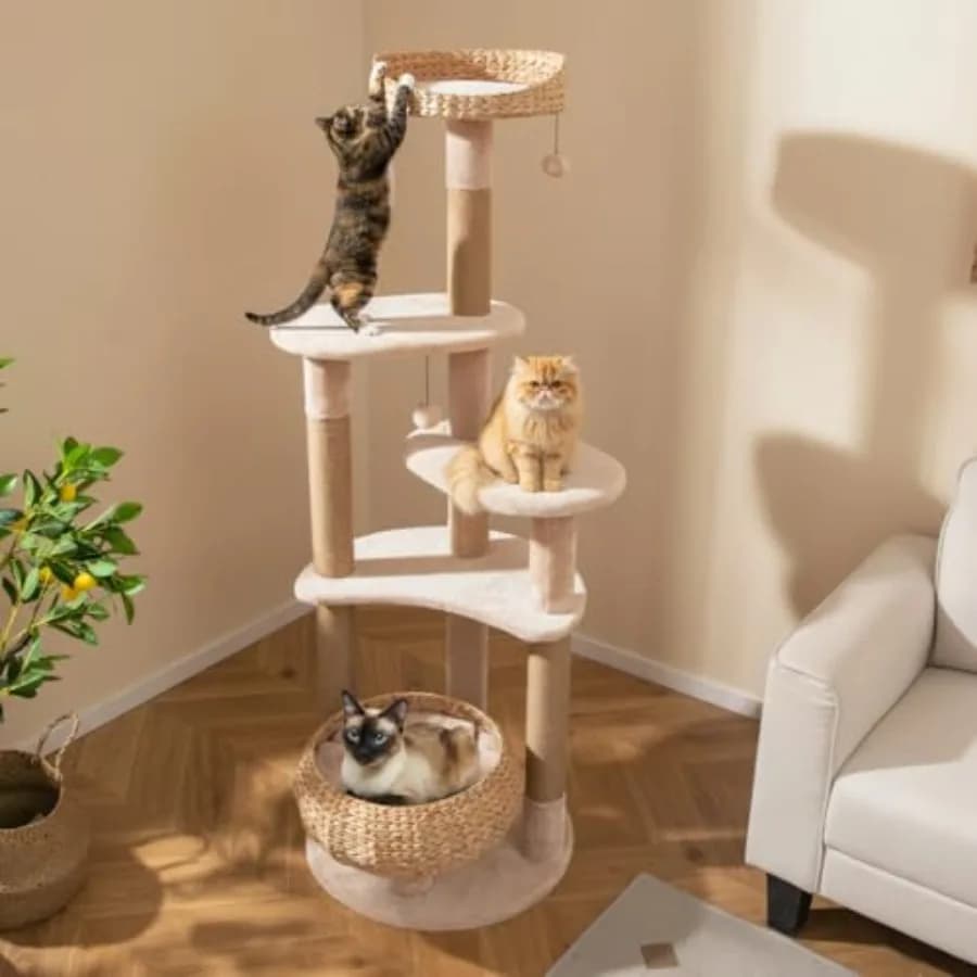 Moderno Tiragraffi per Gatti Alto 65 Pollici con Pali in Iuta, Palline Pendenti, Cesto in Canna di Giunco, Postazione Superiore e Cuscini Rimovibili e Lavabili