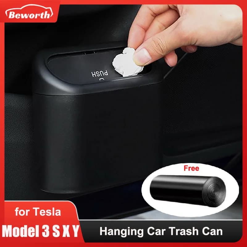 Bidone della spazzatura per auto appeso bidone della spazzatura del veicolo per Tesla modello 3/Y/S/X scatola di immagazzinaggio della custodia antipolvere ABS premendo accessori interni auto
