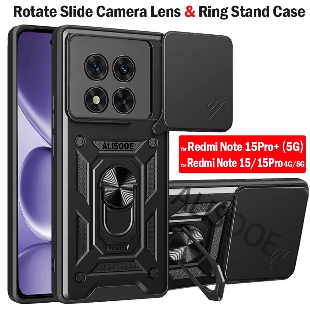 Custodia con Supporto per Xiaomi Redmi Note 15 Pro 5G 4G / Note15 Pro Plus 5G, Cover Antiurto con Anello e Protezione Fotocamera Scorrevole