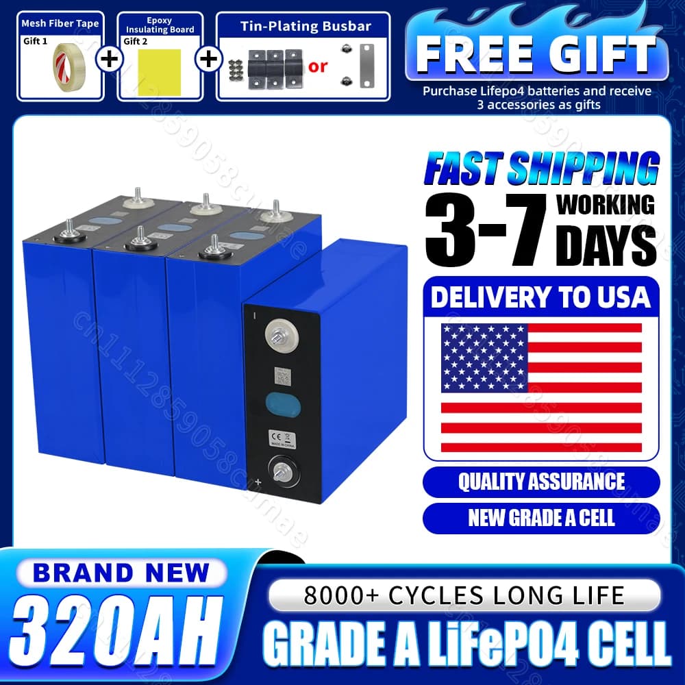 NUOVA Batteria LiFePO4 da 3.2V 320Ah, 8000 Cicli, Cella al Litio Ferro Fosfato per Fai da Te 12V 24V 48V 72V 96V, per Yacht, Campeggio, EV, RV, Sistemi di Accumulo Energia Solare Off-Grid, con Nastro Adesivo/Pannello Isolante/Busbar