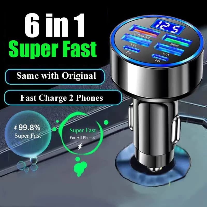 UYUXIO Adattatore per caricabatteria per telefono da auto USB C multiporta con display di tensione 6 in 1 ricarica super veloce per iPhone 16 15 Pro Max Samsung