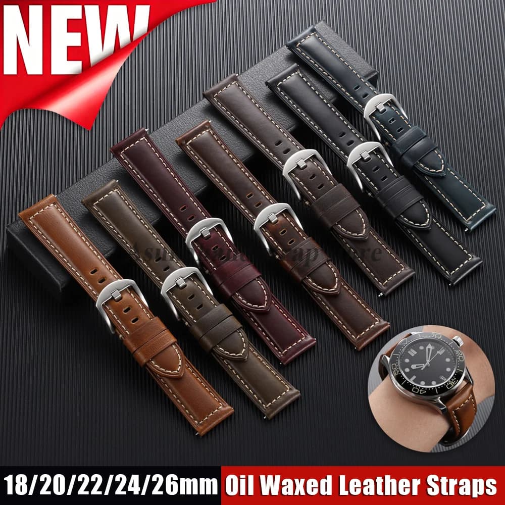 Cinturino per Orologio in Pelle di Vacchetta Cerata 18mm 20mm 22mm 24mm 26mm per Omega e Panerai, Sgancio Rapido per Smartwatch, Bracciali da Uomo