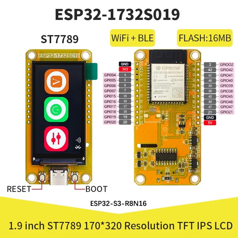 Modulo Display Smart ESP32-S3 con Schermo IPS LCD da 1.9 Pollici 170*320, 8M PSRAM, 16M Flash, WIFI e Bluetooth per Arduino LVGL