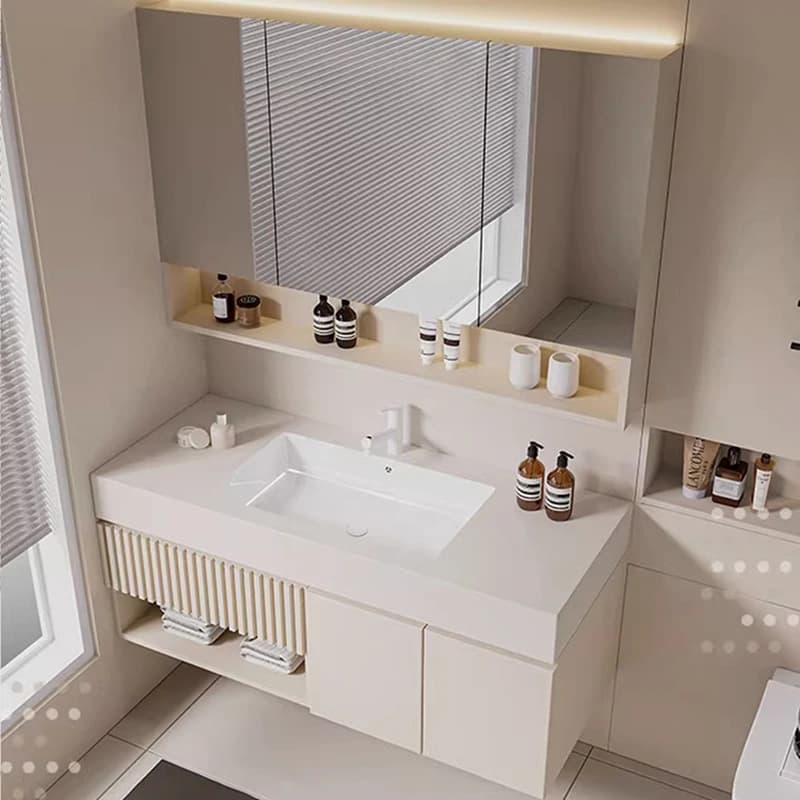 Mobile Bagno Moderno a Parete in Compensato con Specchio LED, Durevole, Facile da Pulire, Dimensioni Personalizzabili, Lavabo Contemporaneo