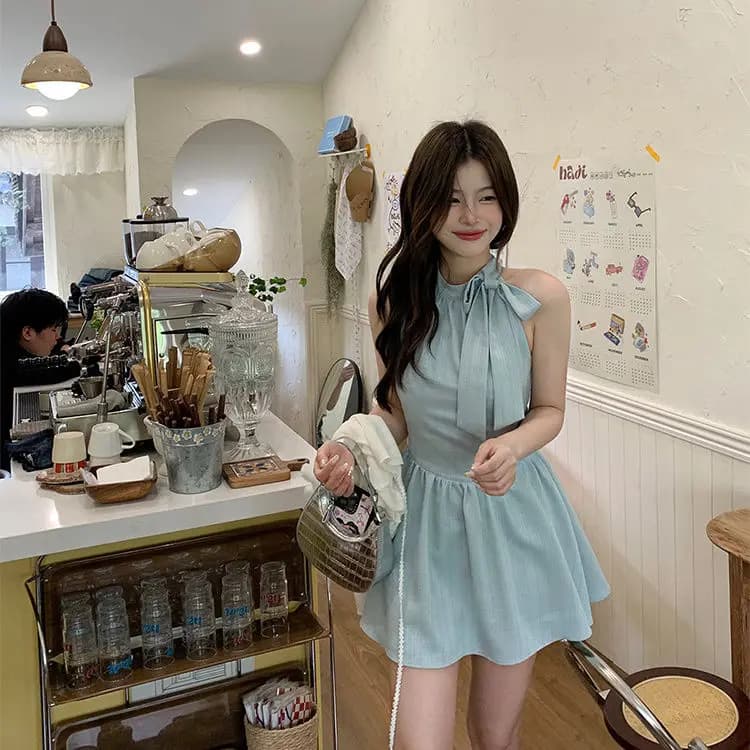 Mint Green Sleeveless Neck Hanging Waist Cinching Summer Dress Women's Beautiful Knot Waist Belt Slimming Skirt