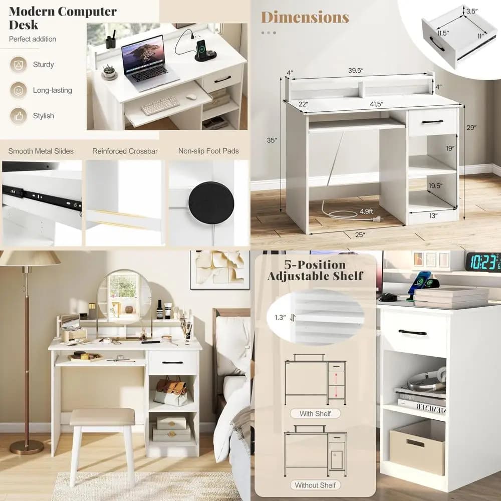 Scrivania Ergonomica per Home Office con Vassoio per Tastiera, Supporto Monitor, Ripiano Regolabile per PC e Laptop, Ideale per Piccoli Spazi e Studio