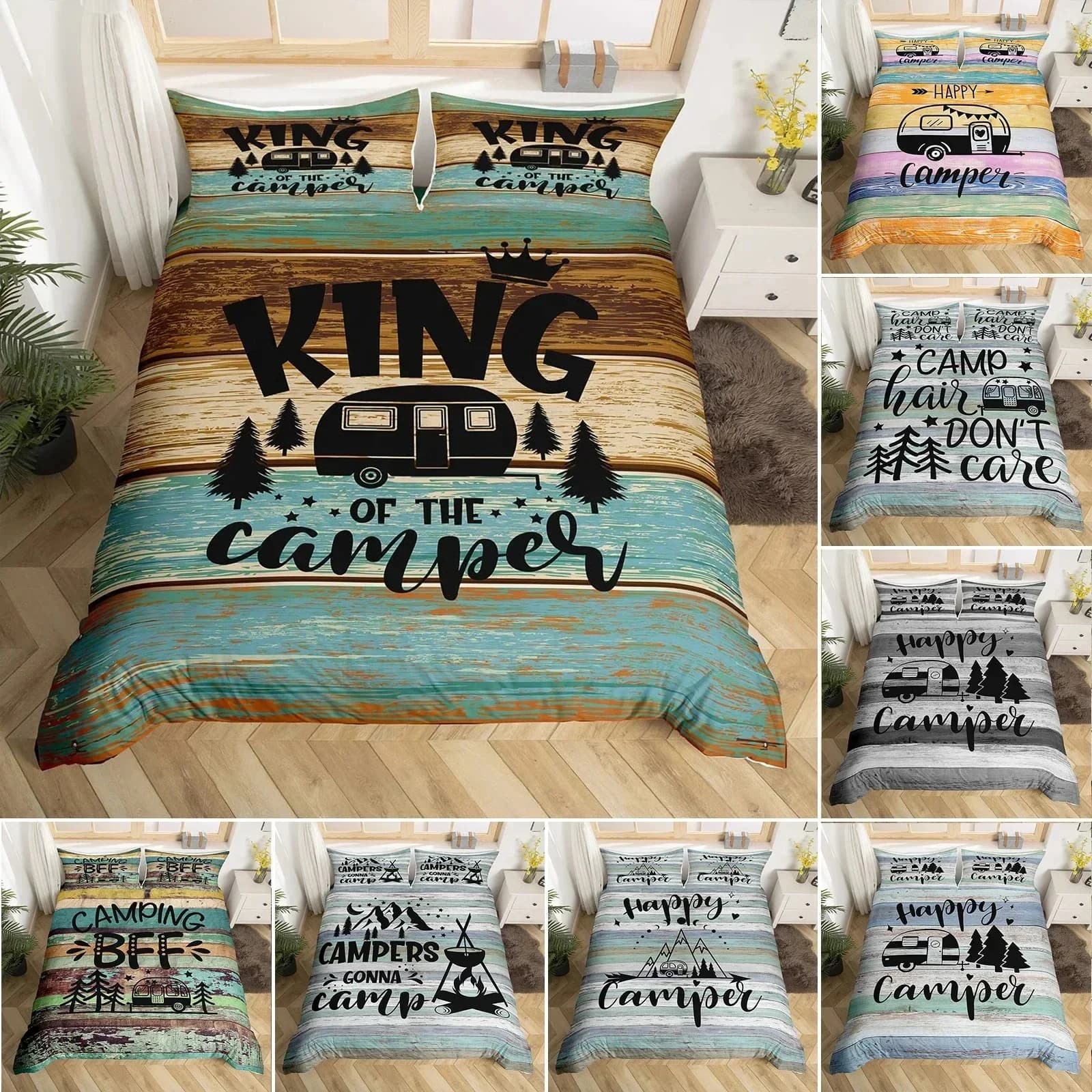 Set Copripiumino Stile Rustico Farmhouse con Stampa Porta di Fienile Antico e Disegno a Schizzo Nero 'Happy Camper'