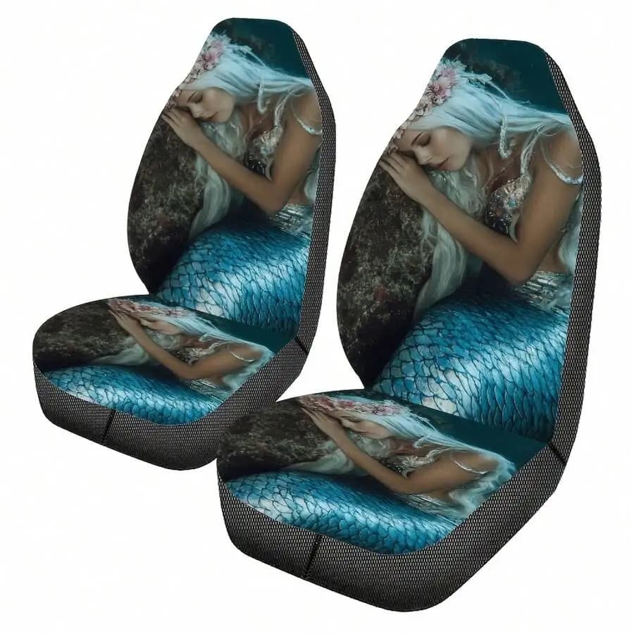 2pcs Mermaid Print Car Seat Covers Universal Front Seat Protectors For Cars SUVs Sedans Trucks