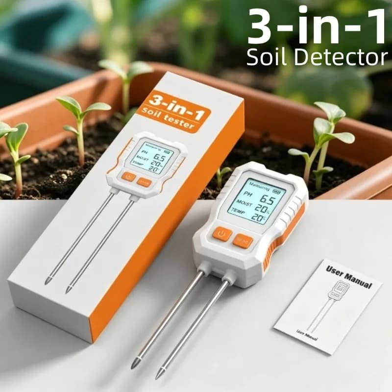 3-in-1 Digital Soil Tester with Dual Probes, High Precision pH/Moisture/Temperature Meter for Garden Plants, LCD Display
