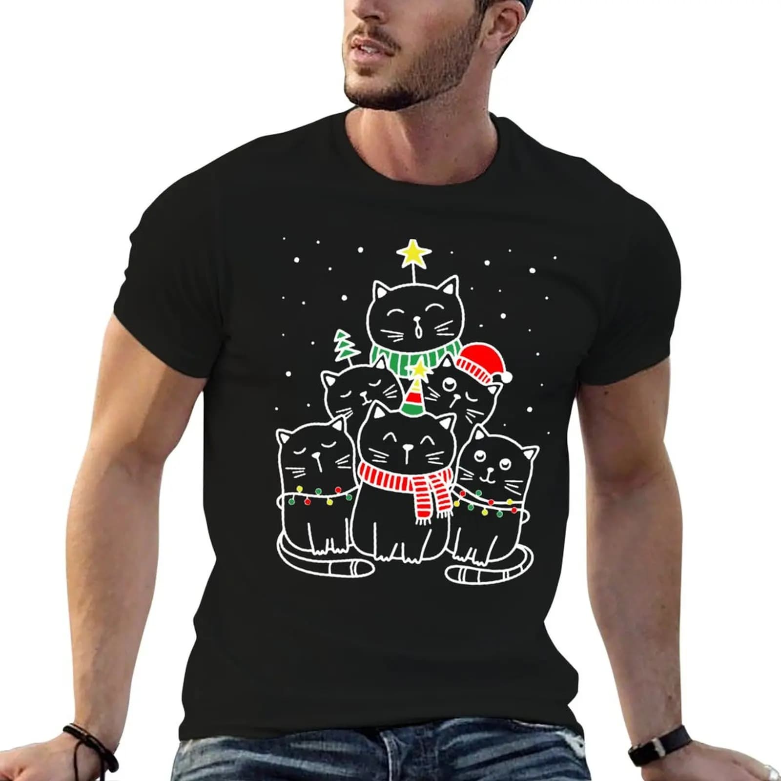 Cats Christmas Tree T-Shirt Casual All Match Short Sleeve T-Shirt