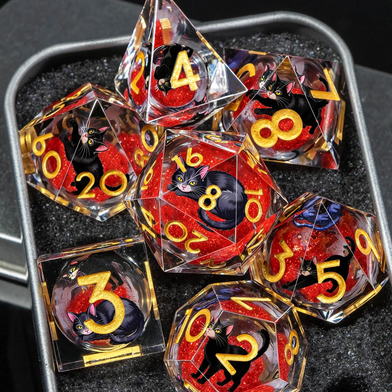 Cat Liquid Core DND Dice Set for Role Playing Games, Unique Polyhedral Resin Sharp Edged D&D Dice Set Dungeons and Dragons