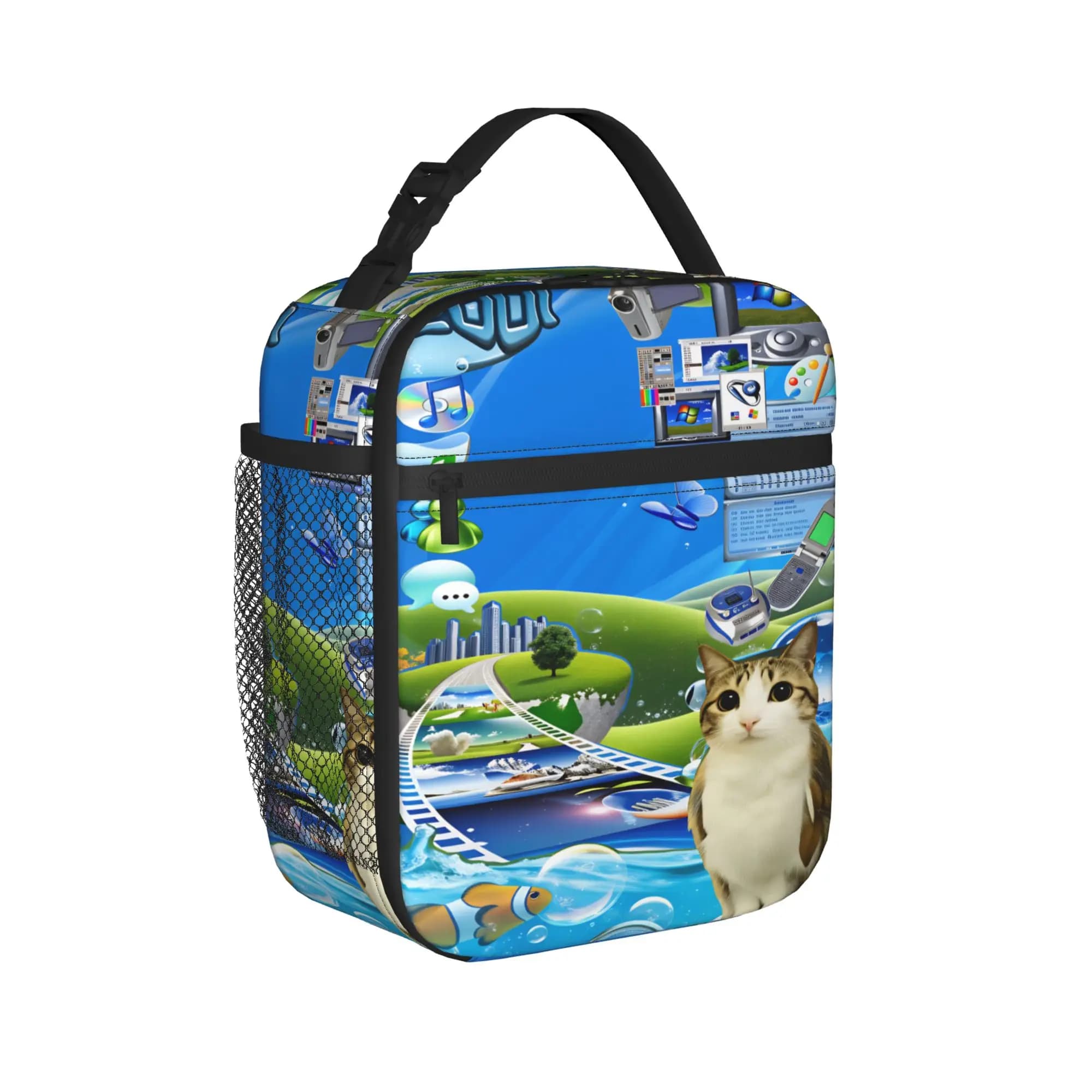 Frutiger Aero Lunch Bag Retro Lunch Box Office Portable Thermal Tote Handbags For Unisex Oxford Print Cooler Bag