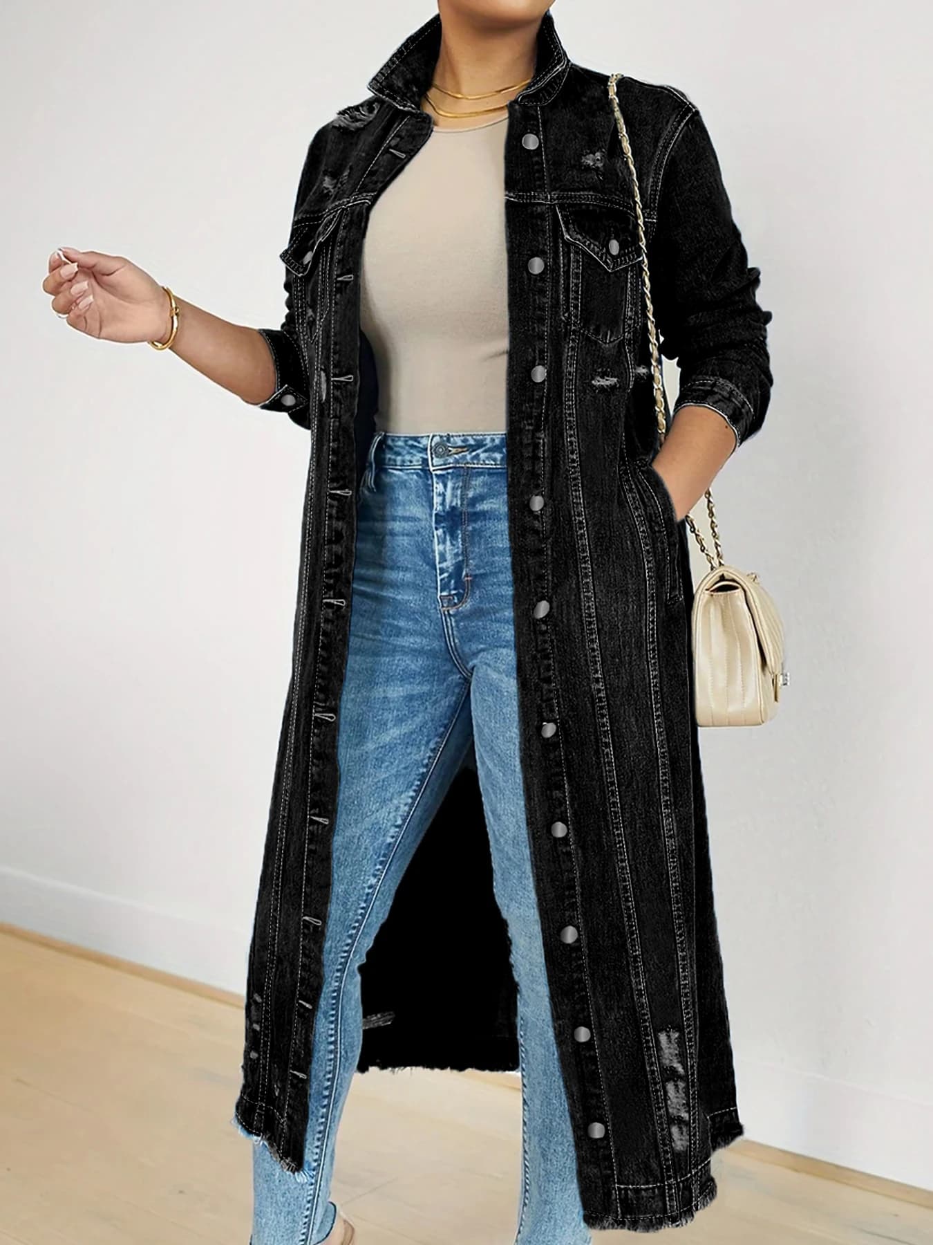 Women's Black Denim Jacket, Long Sleeve Jeans Coat with Bottoni and Ribbed Hem, Perfect for Daily Use