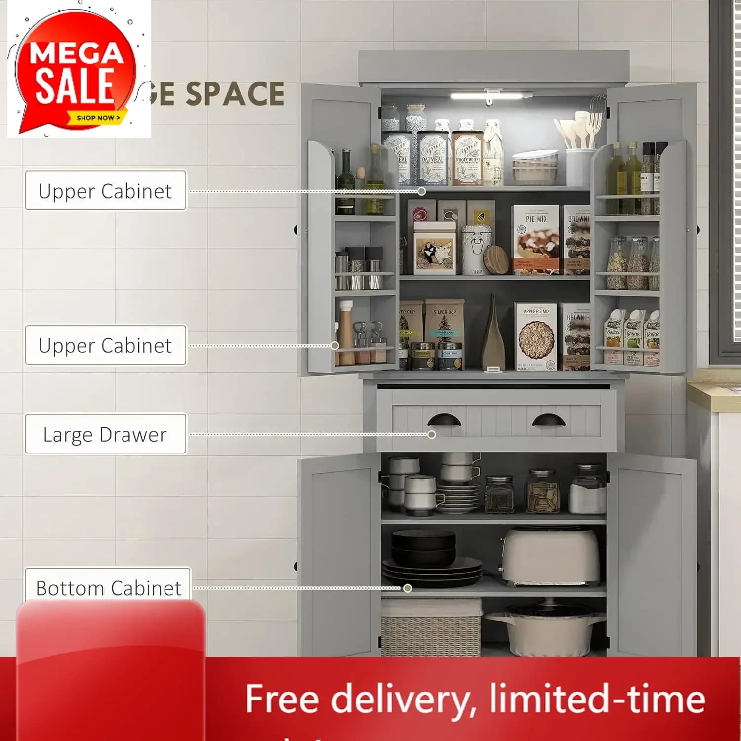 Offerta a tempo limitato XMSJ: Armadio dispensa da cucina da 71 pollici con luce a sensore di movimento, armadio alto con 6 ripiani, per soggiorno