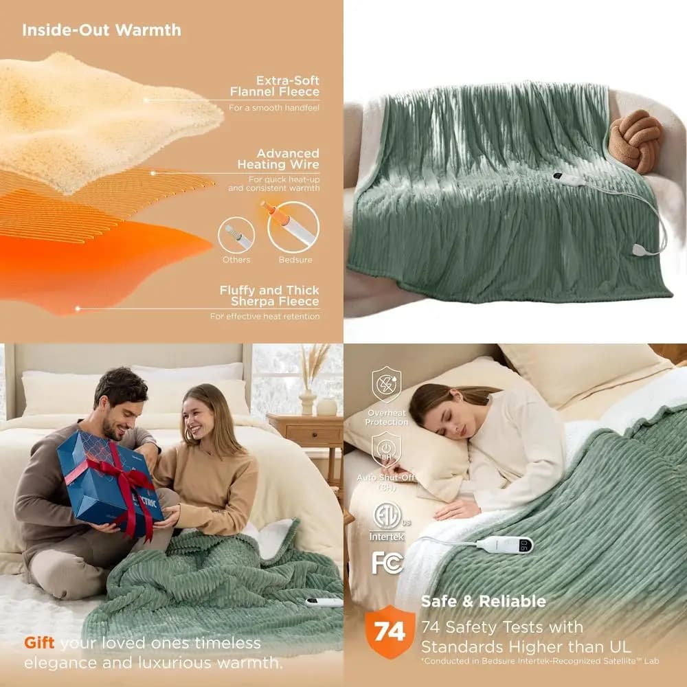 Coperta elettrica a grandezza naturale con 6 livelli di calore, 10 opzioni timer, spegnimento automatico 8 ore, morbida flanella, perfetta per nonna (72x84, verde