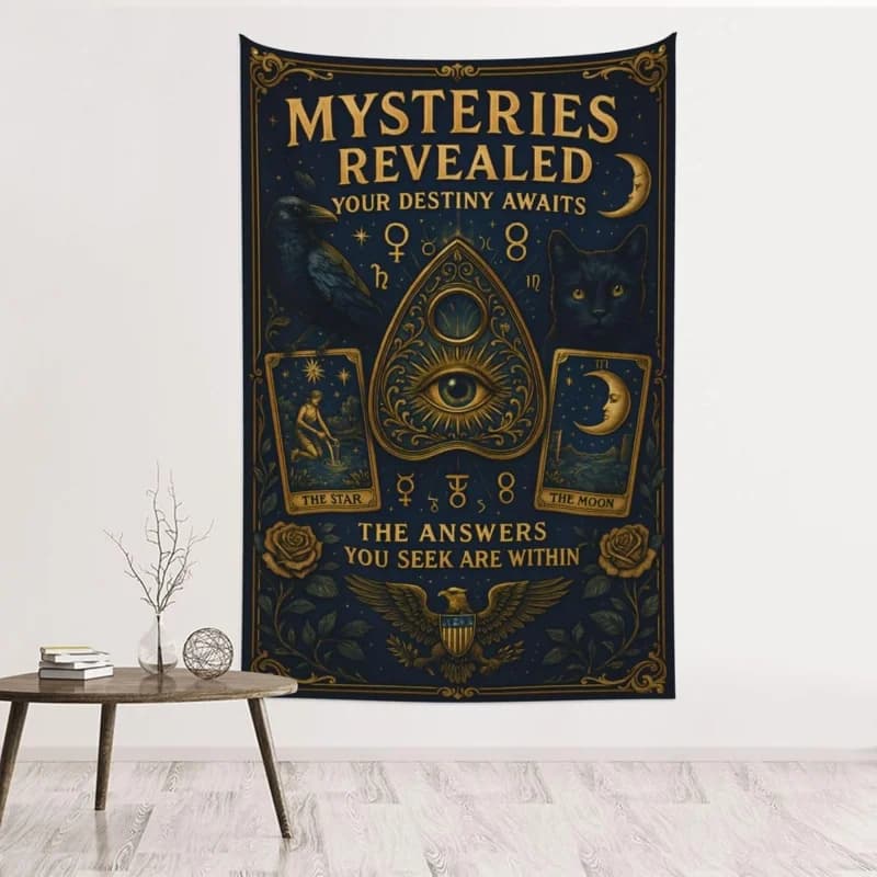 VIKAMA Misteriosa Tappezzeria dei Tarocchi - Decorazione da Parete Gotica con Tavola dei Spiriti, Carte Astrologiche dei Tarocchi, Corvi e Gatti Neri