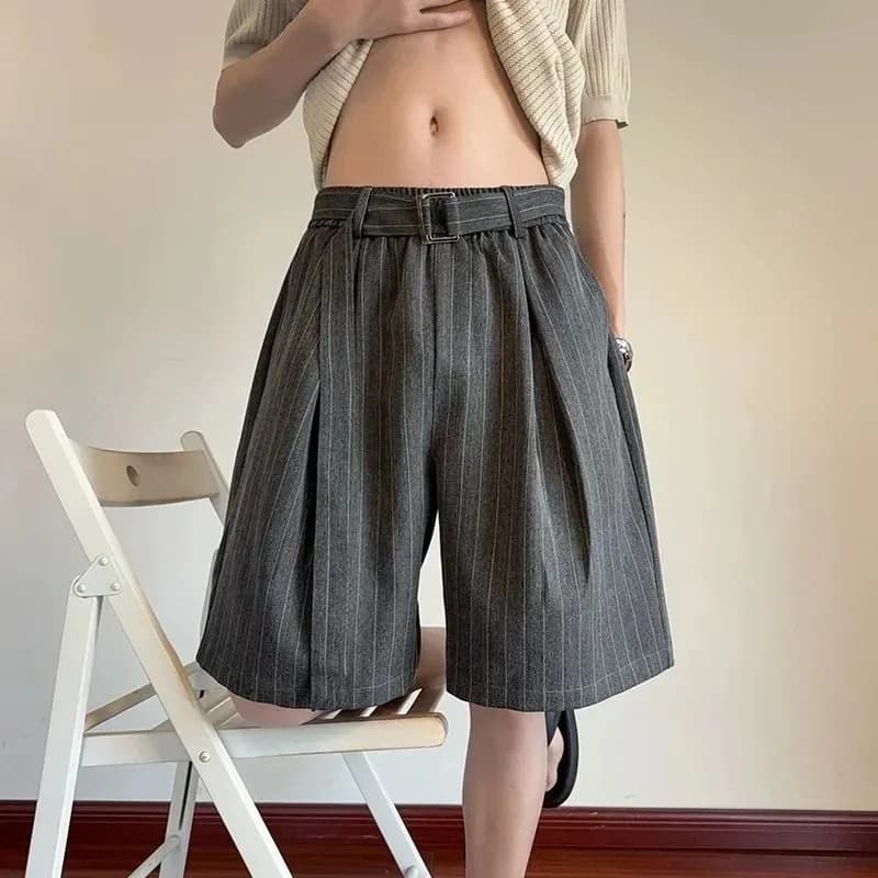 Old Money Style Men High Waist Striped Pleated Wide Leg Five Point Shorts With Belt Casual Loose Summer Pants