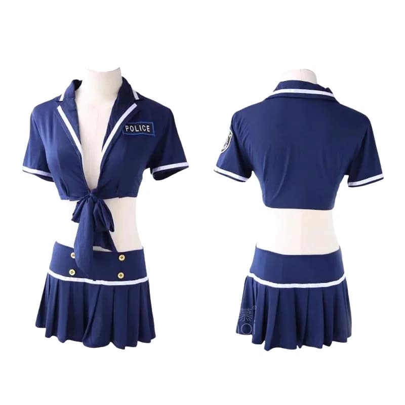 Women's Sexy Police Style Sailor Uniform Set Open Bust Tie Top Mini Skirt Role Play Lingerie Fancy Dress Costume for Party