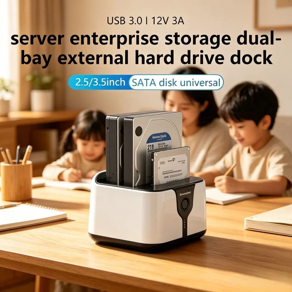 Docking Station per HDD e SSD a 2 Bay, Adattatore SATA a USB 3.0 con Funzione di Clonazione Offline, Compatibile con HDD e SSD SATA da 2,5/3,5 Pollici