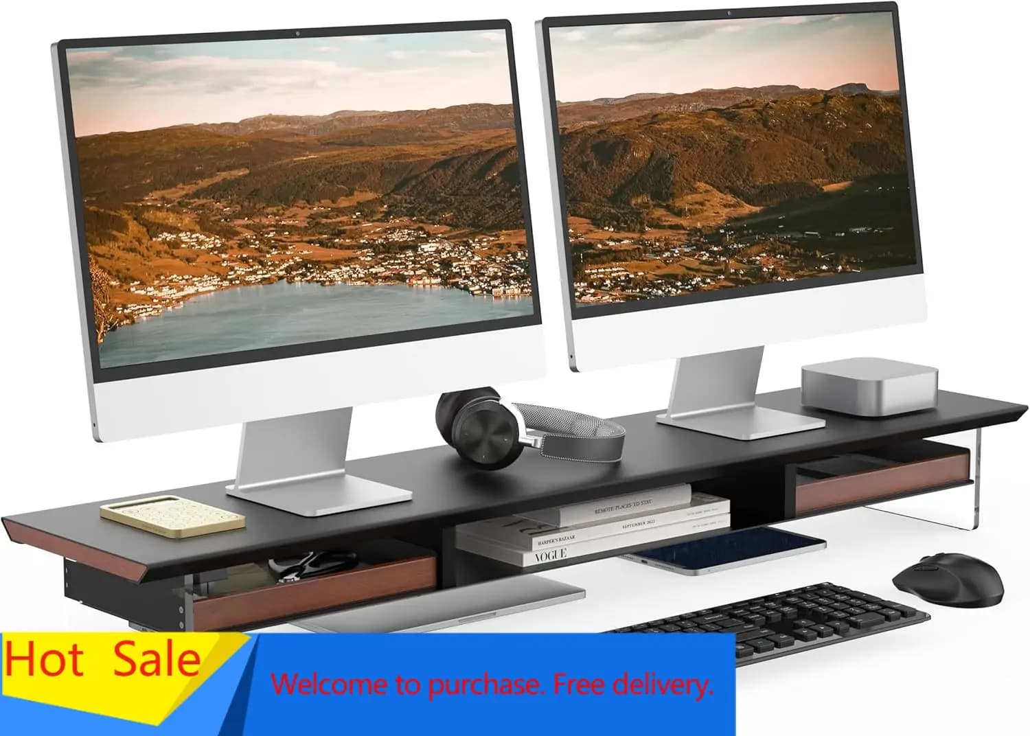 Supporto per doppio monitor da 42,5 pollici con 2 cassetti, supporto per monitor in metallo e legno con gambe in acrilico, organizer da scrivania a 2 livelli per