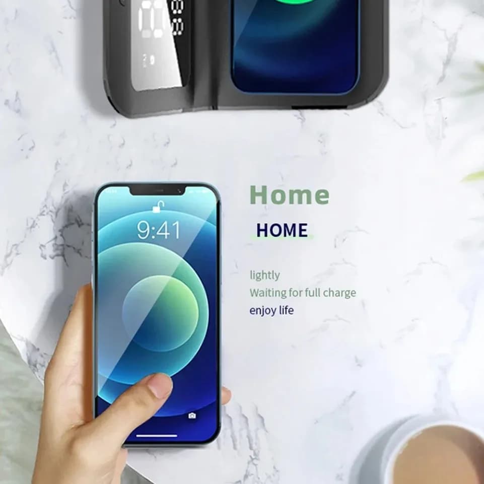 Base di Ricarica Wireless per Telefono con Sveglia e Termometro per iPhone 17-12, Xiaomi, Samsung S26 S25 - Stazione di Ricarica Rapida 15W
