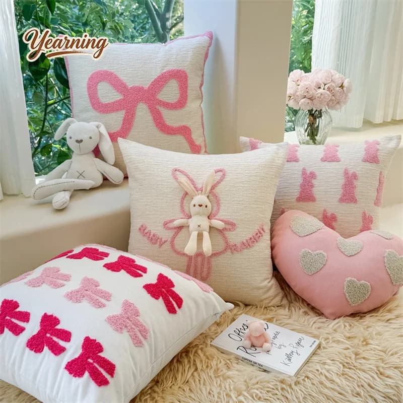 Lovely Heart shaped Pillow Bowknot Pink Valentine s Day Small Rabbit Sofa Cushion Living Room Teenage Girl Pillow