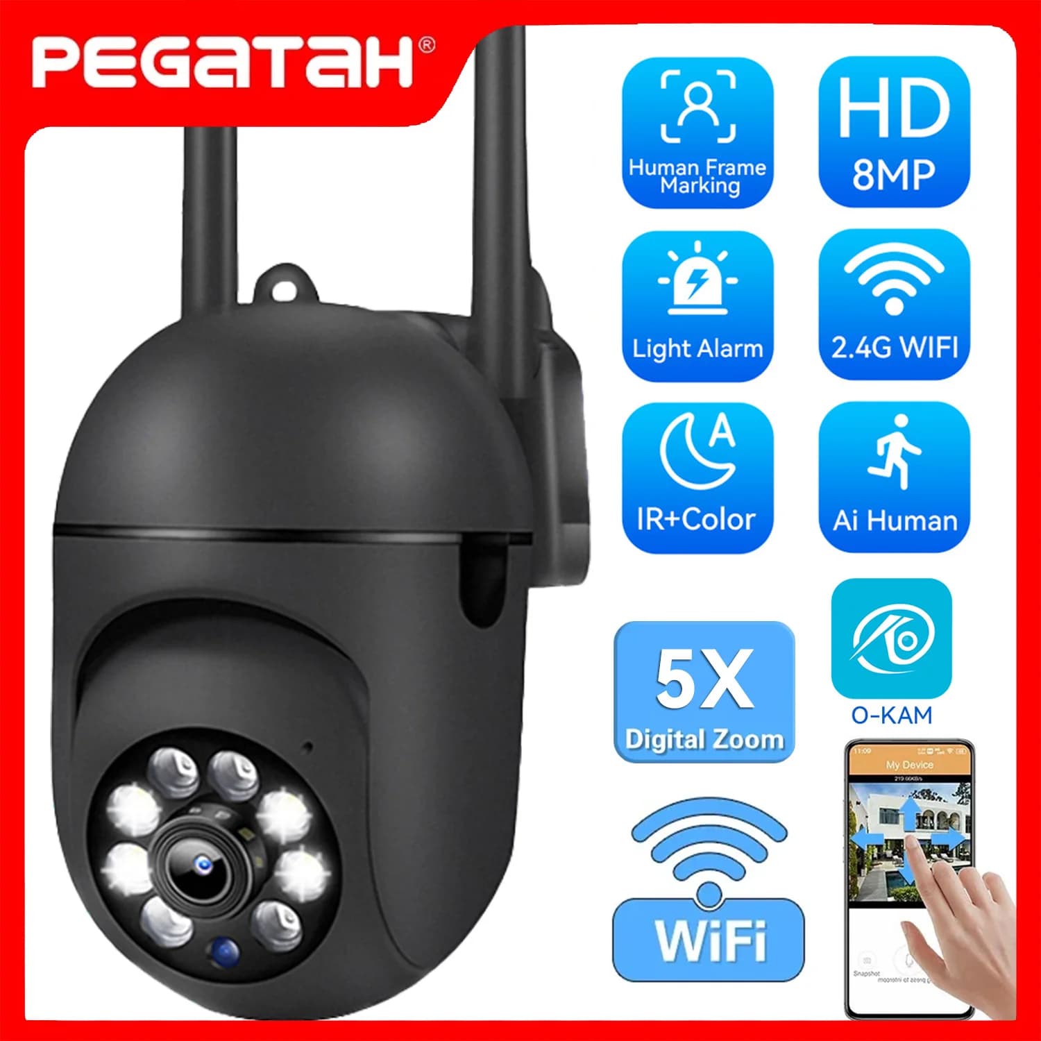 Telecamere WiFi PEGATAH 2.4G 5MP per Videosorveglianza IP Interna, Protezione di Sicurezza, Monitor con Zoom 5X, Allarme Wireless per Casa
