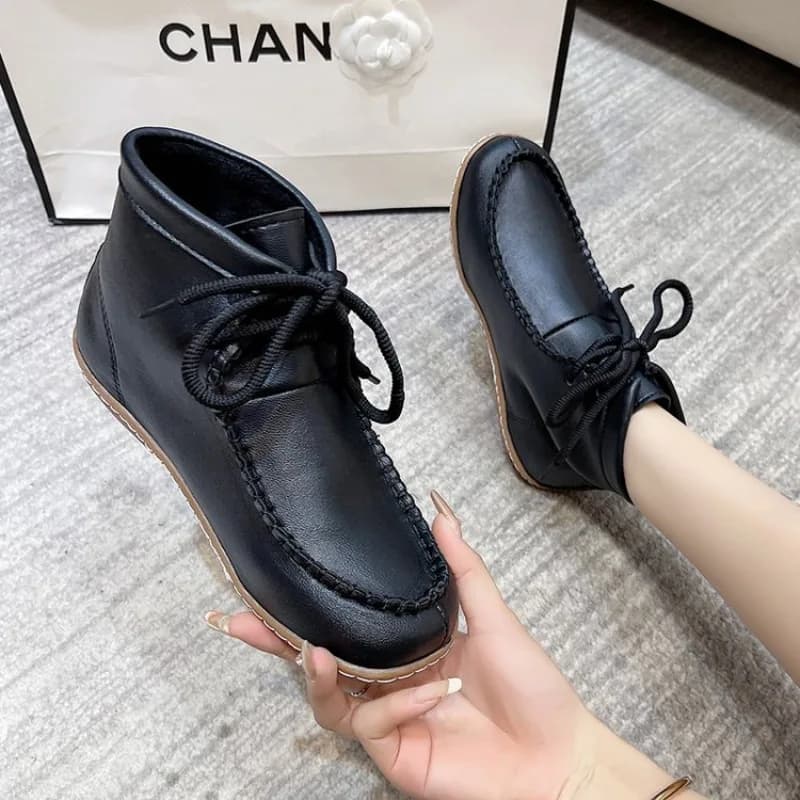 Women's Ankle Boots Round Toe Flat Heel Smooth Leather Look Contrast Stitching Lace Up Casual Short Booties Daily Outdoor Shoes