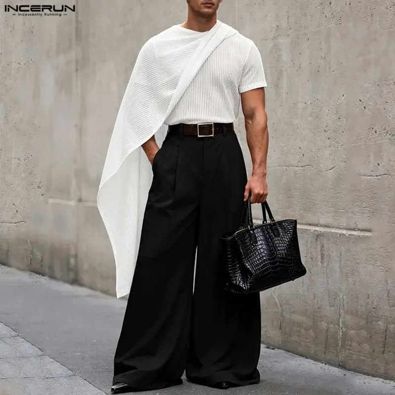 INCERUN Men Irregular T Shirts Striped Solid Mesh See Through Men Clothes Tops 2026 Shawl Streetwear Sexy T Shirt For Man S-5XL