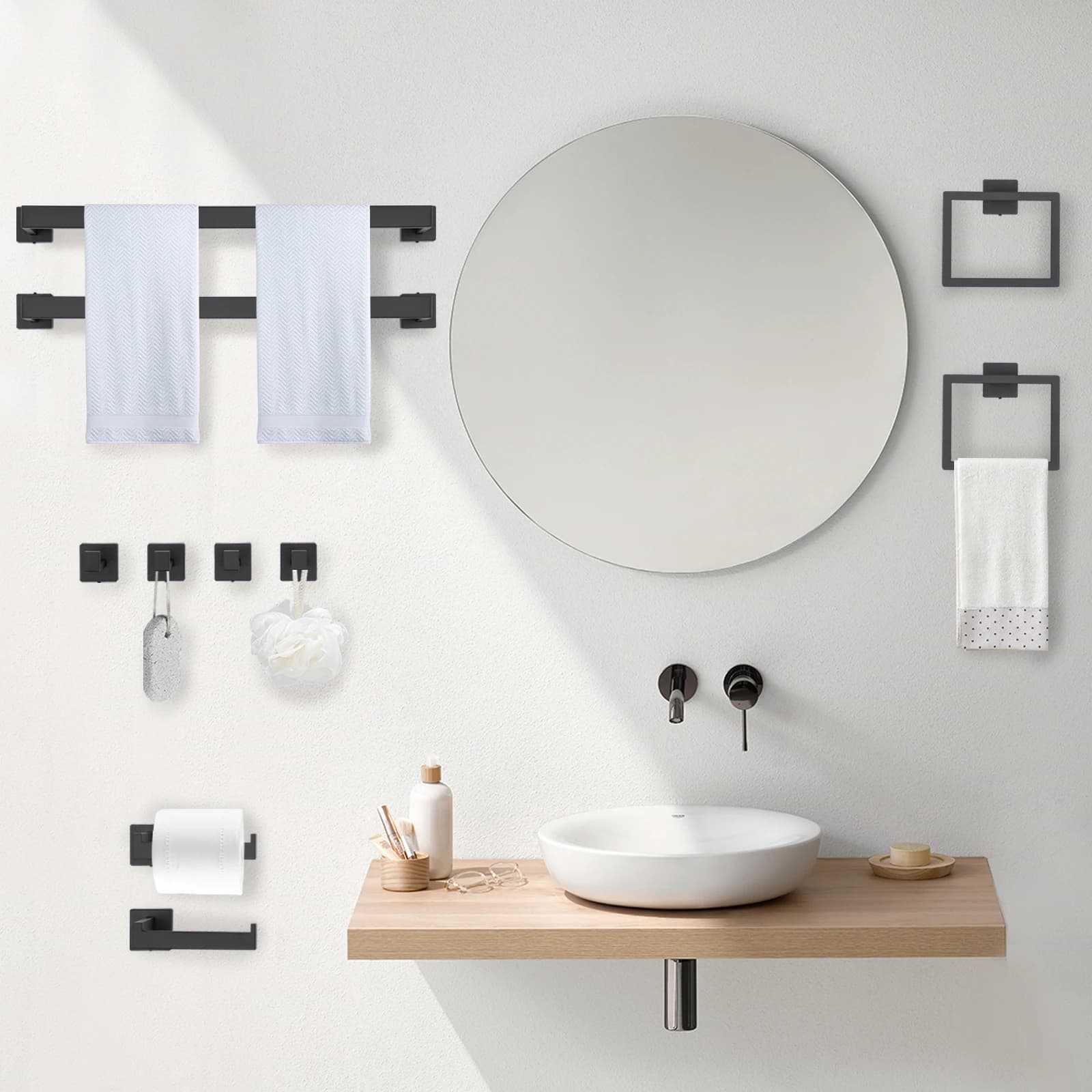 10-Piece Matte Black 201 Stainless Steel Bathroom Hardware Set Wall Mount Towel Bars Rings Hooks Toilet Paper Holders Perforated Installation