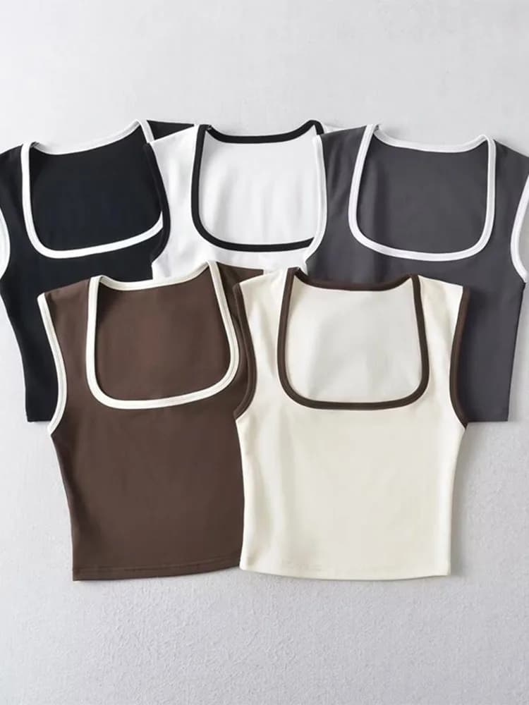 Donna Moda Sottile Solido Contrasto Camis Casual Senza Maniche Serbatoi Colletto Quadrato Crop Top Abbigliamento Streetwear Mujer 2024 Y2k
